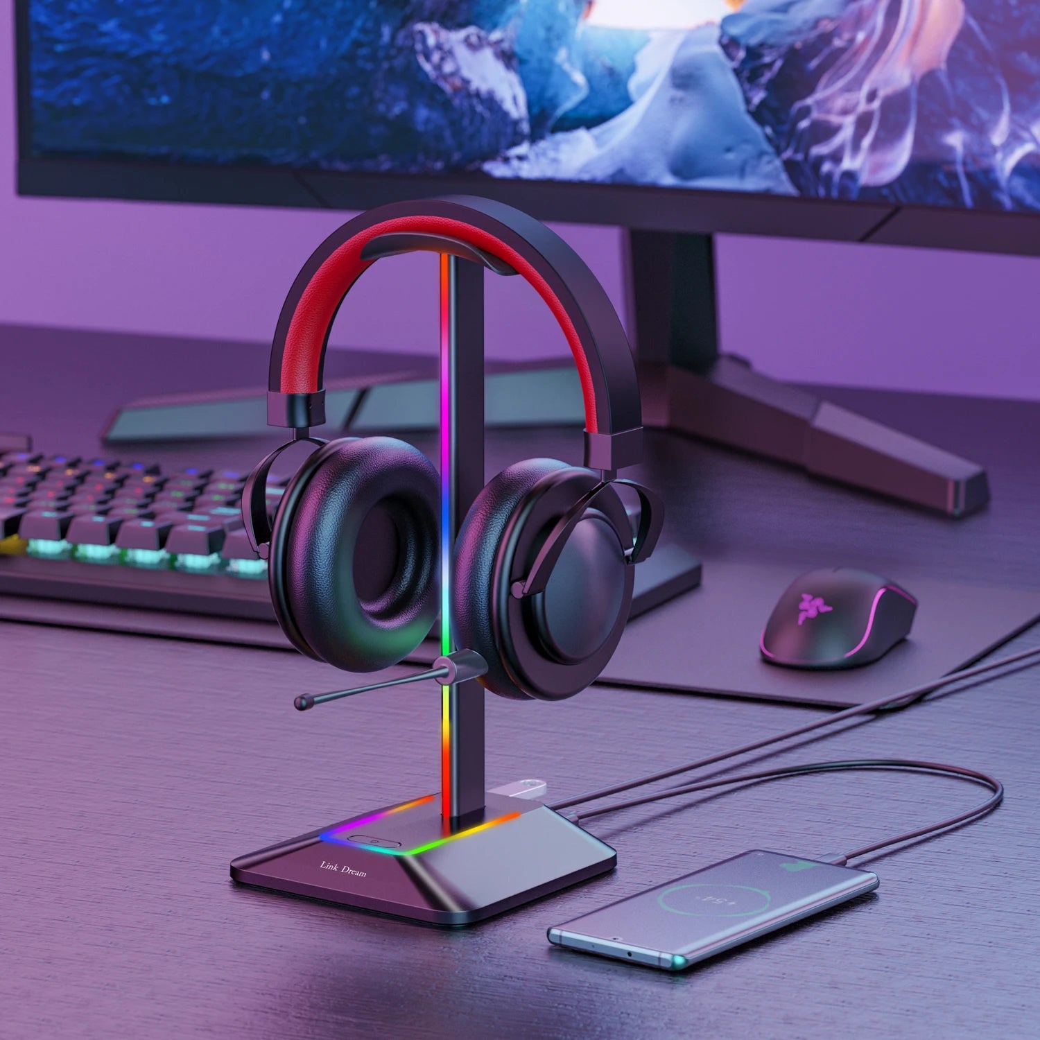 Support Casque Gaming RGB avec Ports de Charge USB