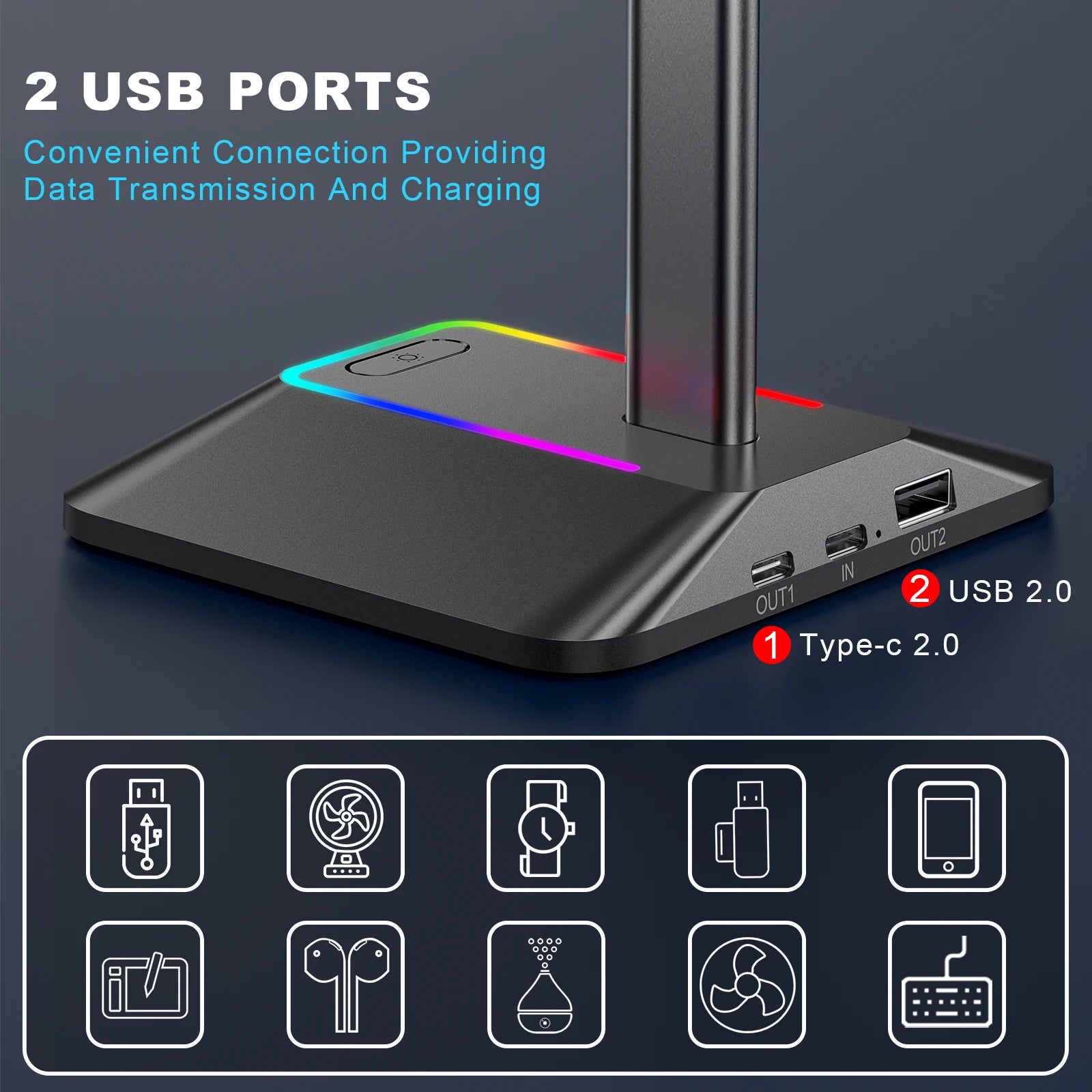 Support Casque Gaming RGB avec Ports de Charge USB