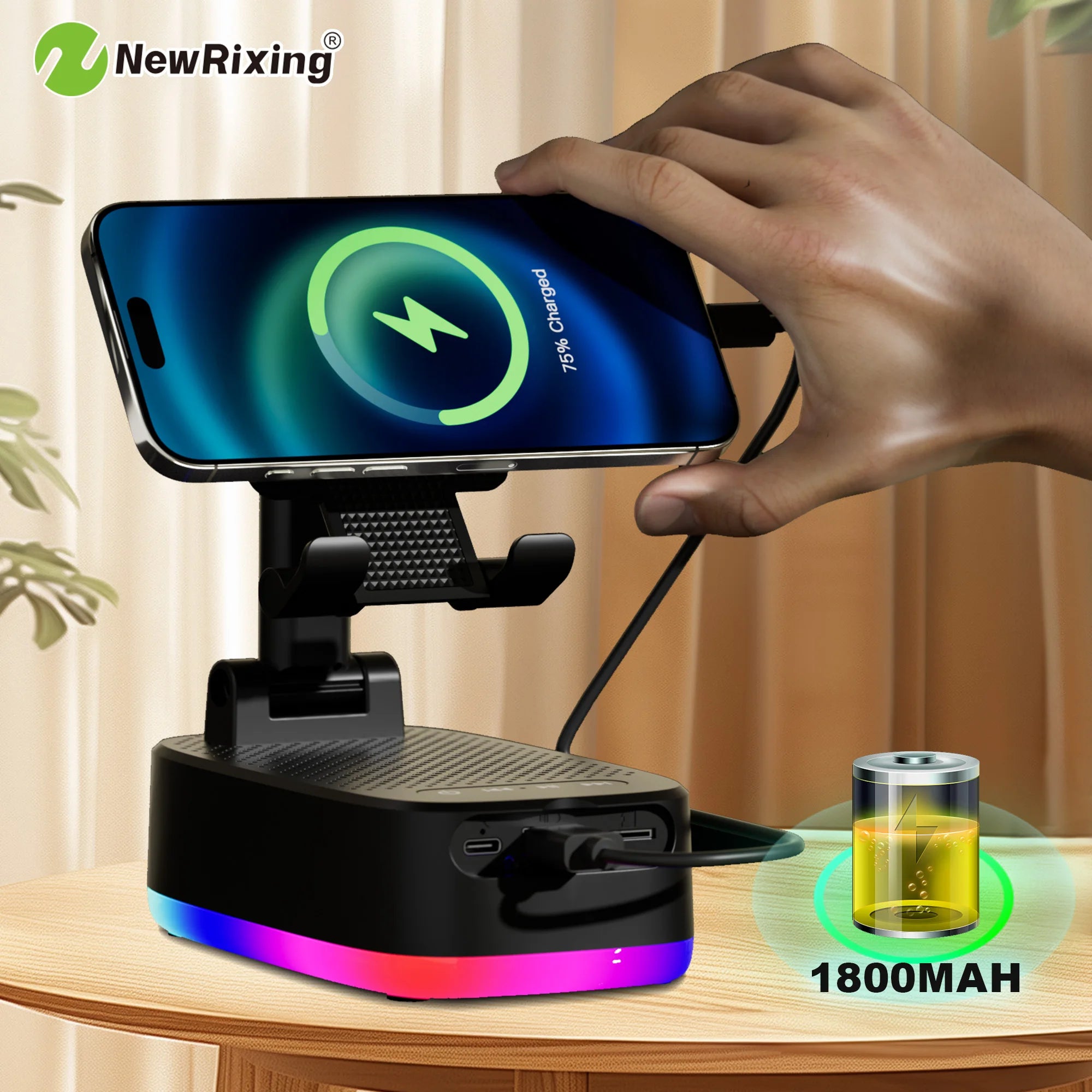 Support Téléphone 4-en-1 avec Enceinte et Chargeur RGB