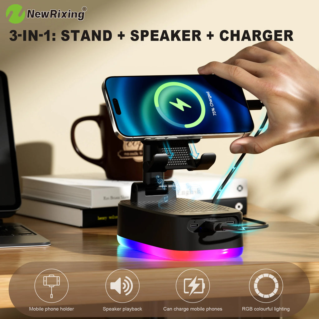 Support Téléphone 4-en-1 avec Enceinte et Chargeur RGB